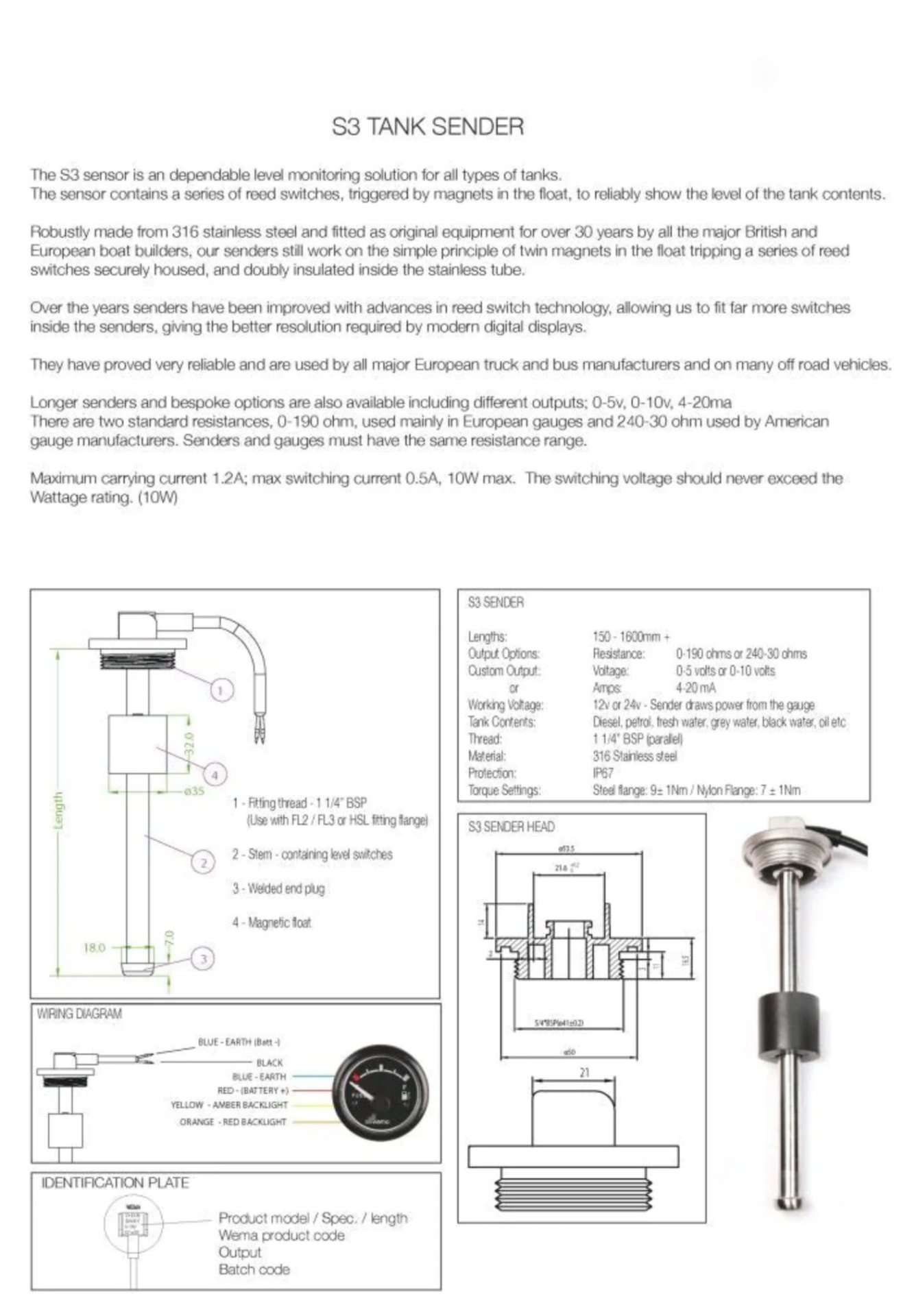 S3 Yakıt-Su Seviye Sensörü SS 350mm 0-190ohm - 3